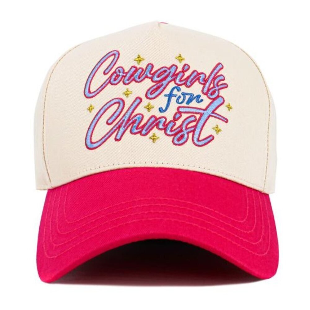 Womens Cowgirls for Christ Baseball Cap Hat in Cream and Hot Pink